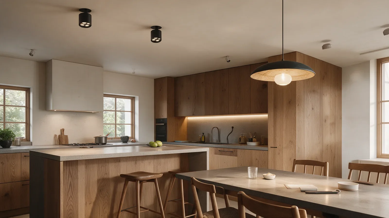 Cocina y comedor contemporáneos con pequeños focos cilíndricos negros orientables en el techo sobre la isla.