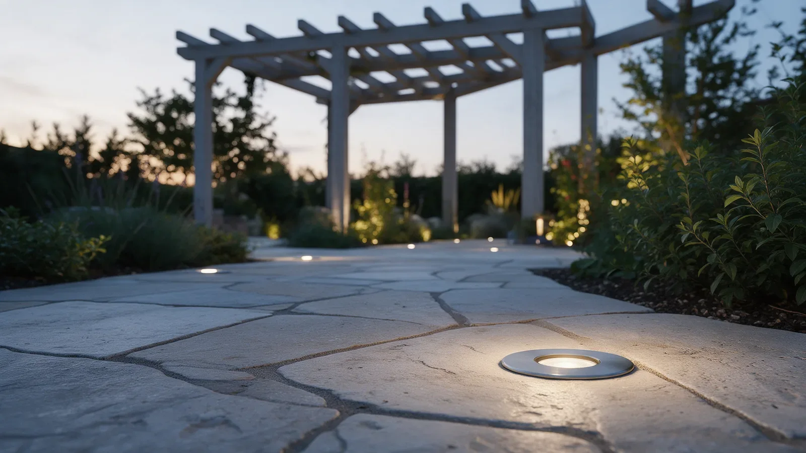 Patio de piedra y sendero de jardín con pequeños focos circulares de acero inoxidable empotrados a ras del pavimento.